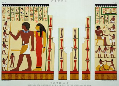 Hauta 24, hautakammio nro 2, Gizehistä, osa II, levy XV muinaisesta Egyptistä, Samuel Augustus Binion, julkaistu 1887 (sävytetty kromolito) tekijältä American School