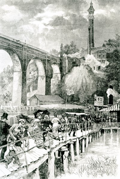 Turistit palaavat höyrylaivaansa Harlem-joella, High Bridge vasemmalla, kaiverrus W.A Rogers Harpers Weeklylle, 24. heinäkuuta 1880 tekijältä American School