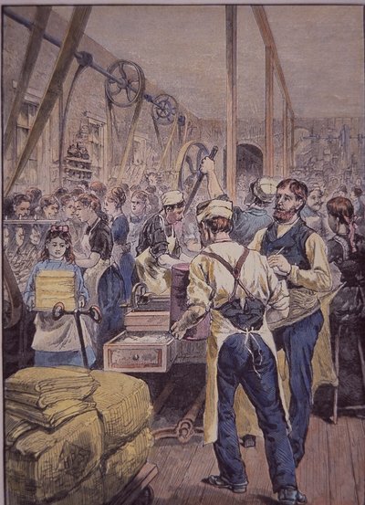 Yhdysvaltain tekstiiliteollisuus, tekstiilitehdas pohjoisessa, n.1870 (värikaiverrus) tekijältä American School