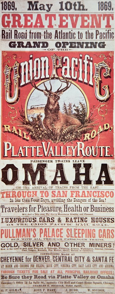 Union Pacific Railroadin juliste, joka mainostaa ensimmäistä mannertenvälistä rautatietä Yhdysvaltojen halki. tekijältä American School