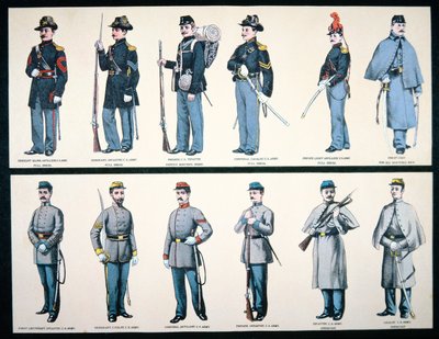 Unionin ja konfederaation armeijan univormut (väri litho) tekijältä American School