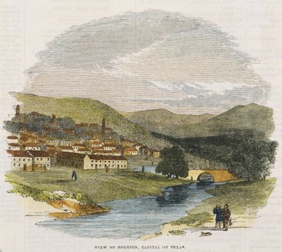 Näkymä Houstoniin, Texasin pääkaupunkiin, n. 1852 (käsinvärinen puukaiverrus) tekijältä American School
