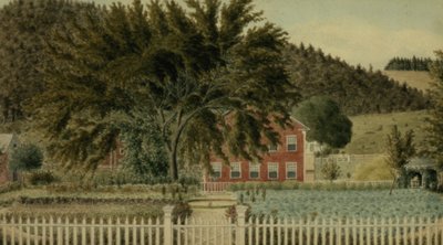 Näkymä punaisesta talosta aidalla, 1854 (wc, guassi paperilla) tekijältä American School