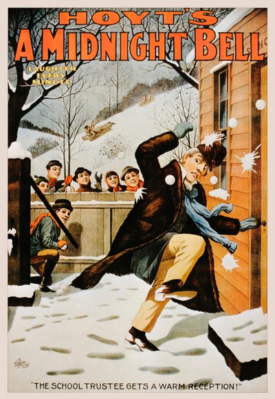 Vintage-juliste pojista, jotka heittelevät miestä lumipalloilla, 1890-99 tekijältä American School