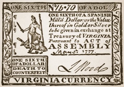Virginian valuutta, joka vastaa kuudesosaa Espanjan dollarista, 1777 tekijältä American School