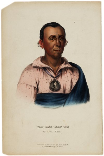Wat-Che-Mon-Ne, Iowayn päällikkö, J. T. Bowenin painatus, kuvitus Thomas L. McKenneyn ja James Hallin teoksesta The History of the Indian Tribes of North America, n. 1842-70 tekijältä American School