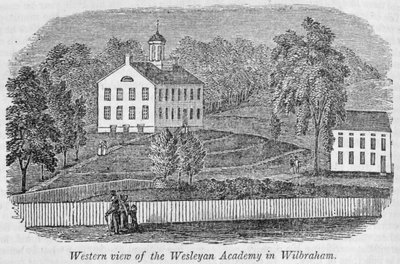 Länsinäkymä Wilbrahamin Wesleyan-akatemiasta, "Massachusettsin historialliset kokoelmat", John Warner Barber, 1839 (kaiverrus) tekijältä American School