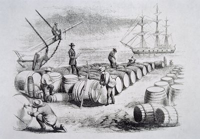 Valaanpyytäjät mittaavat öljyä tynnyreissä, The American Whale Fishery, n. 1850 (kaiverrus) tekijältä American School