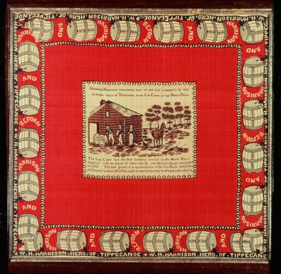 William Henry Harrison toivottaa tervetulleeksi kaksi vanhaa toveria Hirsimökissä, 1840 (silkki) tekijältä American School
