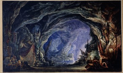 Adolphe Adamin (1803-1856) Le Corsaire -baletin valmisteleva sisustus (A. Adamin balettikorsaarin lavastus). Korsaarien luola, jonne pääsee meritse, jonne he keräävät saaliinsa ja kaikenlaisia ​​palkintoja (liinat, astiat, aseita). vai niin tekijältä Anatoli Fedorovich Geltser