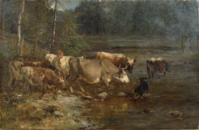 Lypsäjätär ja lehmät vesipostin luona (maalaus) tekijältä Anders Askevold