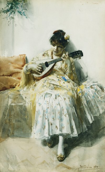Espanjalainen tyttö soittamassa mandoliinia, 1884 tekijältä Anders Leonard Zorn