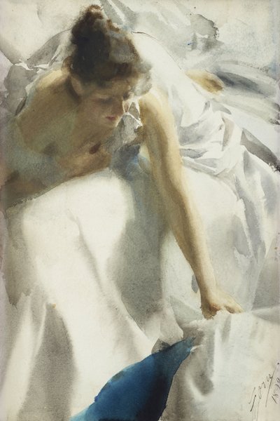 ""Reveil, boulevard Clichy, Paris"" (Awakening, Boulevard Clichy) Nuori tyttö negligee-puvussa - Anders Leonard Zornin akvarelli (1860-1920) 1892 Yksityinen kokoelma tekijältä Anders Leonard Zorn