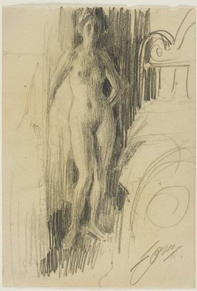 Alastonhahmo seisoo lähellä sänkyä tekijältä Anders Leonard Zorn