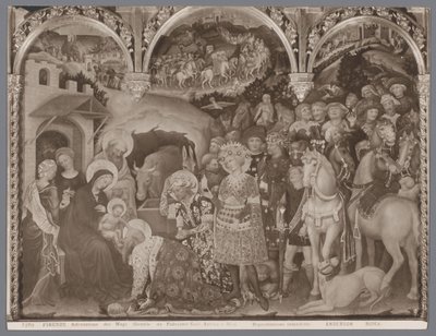 Valokuvakopio Gentile da Fabrianon maalauksesta Adoration of the Magi Firenze, Adorazione dei Magi (Gentile da Fabriano) Gall. Antica e Mod. (otsikko esineessä) tekijältä Anderson (firma)