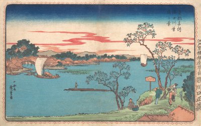 Näkymä kirsikkapuista lehdissä Sumida-joen varrella, 1831, 1831. tekijältä Ando Hiroshige