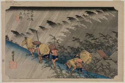 Driving Rain Shonon asemalla 46 sarjasta Fifty-Three Stations of the Tokaido, 1833. tekijältä Ando Hiroshige