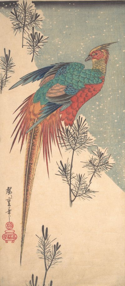 Kultainen fasaani ja männyn versot lumessa, n. 1835, n. 1835. tekijältä Ando Hiroshige