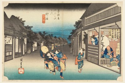 Goyu, naiset pidättelemässä matkustajia, Tokaido Roadin 53 asemalla (Tokaido Gojusan Tsugi-no Uchi) tekijältä Ando Hiroshige