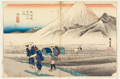 Hara, Fuji aamunkoitteessa, Tokaido Roadin 53 asemassa (Tokaido Gojusan Tsugi-no Uchi) tekijältä Ando Hiroshige