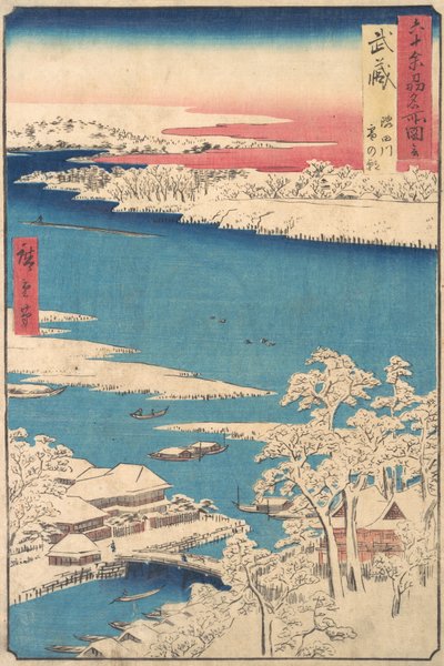 Aamu lumisateen jälkeen, Sumida-joki, Musashin maakunta, sarjasta Views o..., ca. 1853. tekijältä Ando Hiroshige