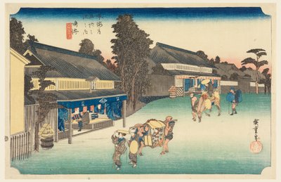 Narumi, paikka, joka on kuuluisa kankaasta, Tokaido Roadin 53 asemalla (Tokaido Gojusan Tsugi-no Uchi) tekijältä Ando Hiroshige