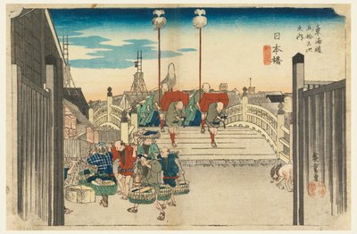 Japani B syy, ihmiset g vie w, Nihonbashi, jäsen te fifty-3 S tachi sound of te urbane alempi d (Urban aste Goshuzan Tsugi) tekijältä Ando Hiroshige