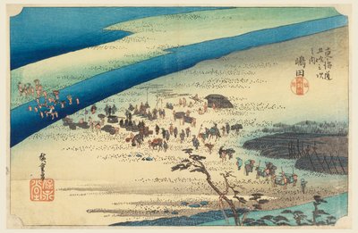 Shimada, matkustajat ylittävät Oigawan, Tokaido Roadin 53 asemalla (Tokaido Gojusan Tsugi-no Uchi) tekijältä Ando Hiroshige