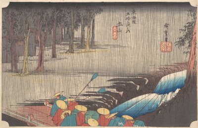 Kevätsade Tsuchiyamassa, sarjasta Fifty-three Stations of the Tokaido, 1834-35., 1834-35. tekijältä Ando Hiroshige