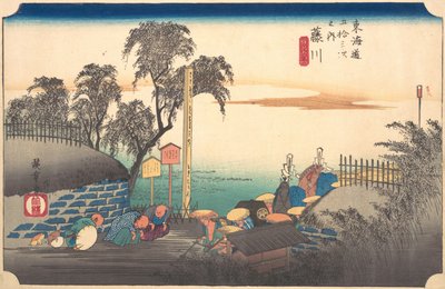 Asema kolmekymmentäkahdeksas: Fujikawa, kohtaus rajalla, 53 asemalta ..., ca. 1833-34. tekijältä Ando Hiroshige