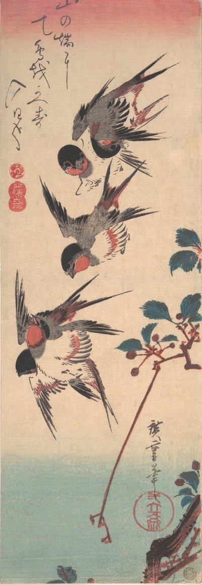 Pääskyset ja villikirsikka, n. 1834, n. 1834. tekijältä Ando Hiroshige