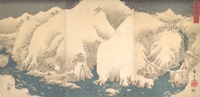 Kiso-vuoret lumessa, päivätty 8. käärmekuukaudelta..., päivätty Käärmevuoden 8. kuukaudelta, 1857. tekijältä Ando Hiroshige