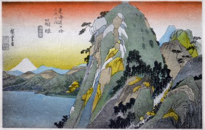 Maantiede. Japani. Hakone-järvi (10. asema). Hiroshigen puupiirros: Fifty Three Stations of the Tokaido (1833-1834). Postikortti, Japani, noin 1900 (postikortti). tekijältä Ando or Utagawa (after) Hiroshige