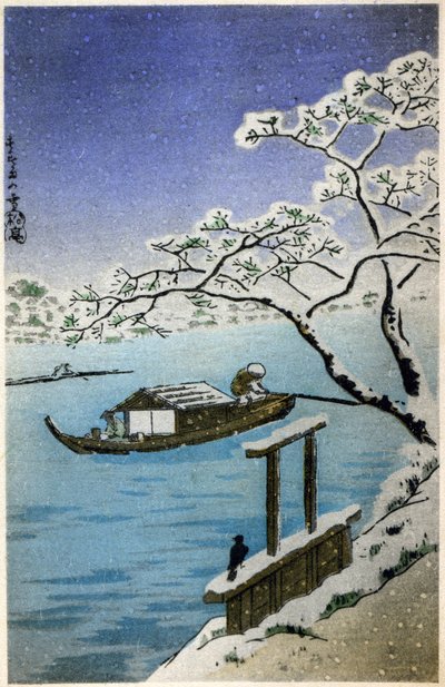 Maantiede. Japani. Joki talvella. Hiroshigen puupiirros: Fifty Three Stations of the Tokaido (1833-1834). Postikortti, Japani, noin 1900 (postikortti). tekijältä Ando or Utagawa (after) Hiroshige