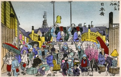 Maantiede. Japani. Nihonbashin (1. asema) aamunkoitto. Hiroshigen puupiirros: Fifty Three Stations of the Tokaido (1833-1834). Postikortti, Japani, noin 1900 (postikortti). tekijältä Ando or Utagawa (after) Hiroshige