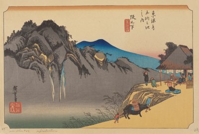 Sakamoshitan asema (värillinen puupalikka) tekijältä Ando or Utagawa (after) Hiroshige