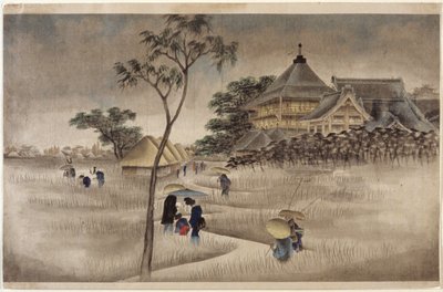 (Suuri rakennus, alapuolella mökit) (sama kuin 17.218) tekijältä Ando or Utagawa Hiroshige