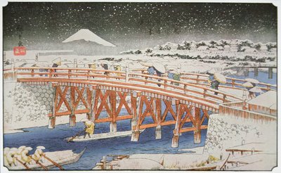 Silta Yedossa ja Fuji-vuori taustalla tekijältä Ando or Utagawa Hiroshige