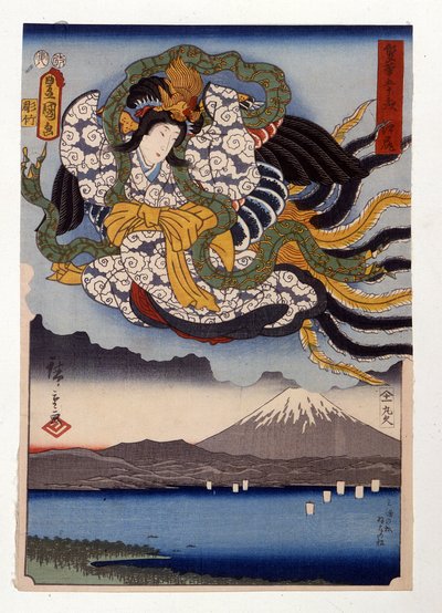 Amaterasu, auringon jumalatar Fuji-vuorella tekijältä Ando or Utagawa Hiroshige