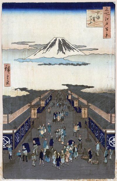 ""Edon sata kuuluisaa näkymää""(nykyinen Tokio): Näkymä Surugachoon (Suruga cho, Suruga-cho). Näkymä Tokion kaupunkiin Japanissa Fuji-vuorella taustalla. (Surugacho (Edon sata kuuluisaa näkymää). Utagawa Hiroshigen japanilainen vedos (1797-1858) tekijältä Ando or Utagawa Hiroshige