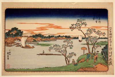 Kirsikkapuut lehdissä Sumida-joen rannalla, sarjasta Famous Sites in the Eastern Capital, n. 1831 (värillinen puupainatus) tekijältä Ando or Utagawa Hiroshige