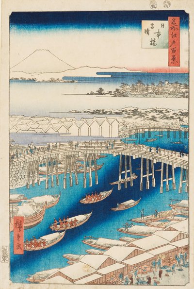 Raivaus lumen jälkeen Nihonbashin sillalla tekijältä Ando or Utagawa Hiroshige