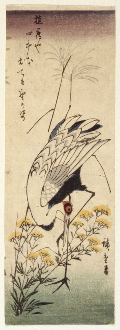 Crane with Wild Sinappi (värillinen puupainatus) tekijältä Ando or Utagawa Hiroshige