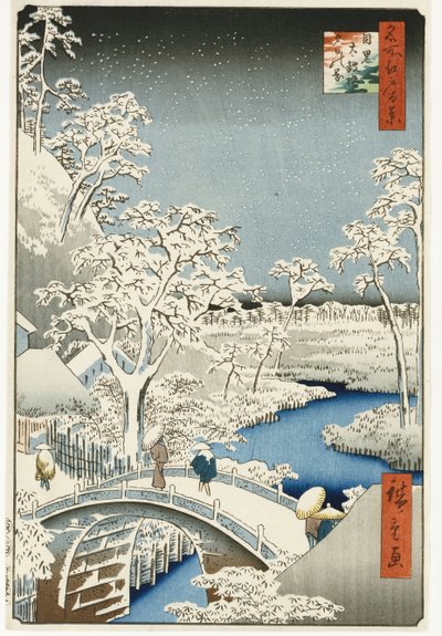 Drum Bridge ja "Setting Sun" Hill, Meguro, sarjasta "One Hundred Views of Famous Places in Edo", julkaistu noin 1858 tekijältä Ando or Utagawa Hiroshige
