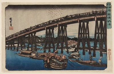 Nautitaan iltaviileistä Ry?goku-sillalla (Ry?goku-bashi n?ry?) (värillinen puupalikkaprintti) tekijältä Ando or Utagawa Hiroshige