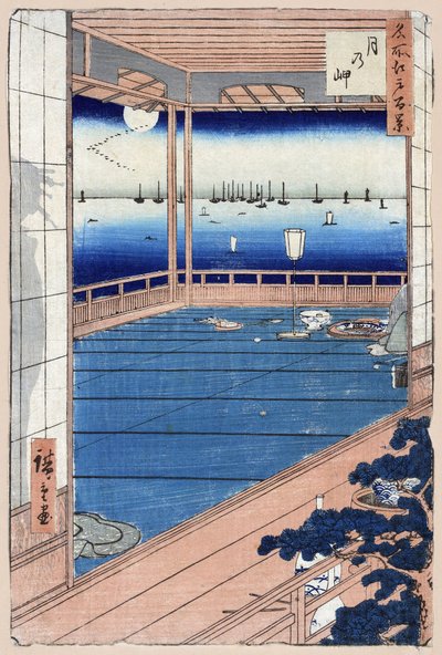 Japanilainen printti: Moonlight. Sarja sata kuuluisaa näkymää Edosta. (Moonlight. Sata kuuluisaa näkymää Edosta). Utagawa Hiroshigen (1797-1858) teos, puupiirros tekijältä Ando or Utagawa Hiroshige