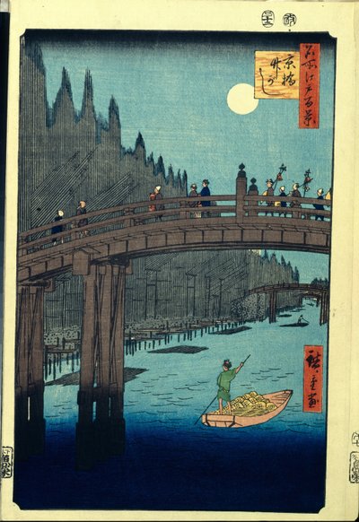 Japanilainen puupalikkaprintti: Bamboo Wharf Kyobashi Bridgellä (Tokio, Japani). Sarja sata kuuluisaa näkymää Edosta. (Bamboo Quay Kyobashin sillan varrella, sata kuuluisaa näkymää Edoon). Utagawa Hiroshigen (1797-1858) teos, puupiirros (39x26 cm) tekijältä Ando or Utagawa Hiroshige
