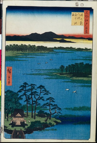 Japanilainen puupalikkaprintti: Benten-pyhäkkö Inokashira-järven rannalla (Tokio, Japani) Sarja sata kuuluisaa näkymää Edoon (Bentenin pyhäkkö Inokashira-lammen rannalla, sata kuuluisaa näkymää Edoon) - Utagawa Hiroshigen (1797-1858) työ , puupiirros (39x2 tekijältä Ando or Utagawa Hiroshige