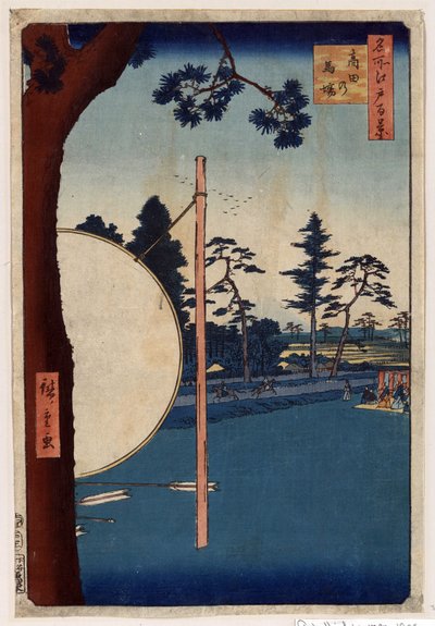 Japanilainen printti: Hippodromi Takatassa (Tokio, Japani). (Sarja sata kuuluisaa näkymää Edosta). (The Horse Track at Takata. Sata kuuluisaa näkymää Edosta). Utagawa Hiroshigen (1797-1858) teos, puupiirros tekijältä Ando or Utagawa Hiroshige