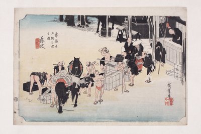 Fujieda: Portterien ja hevosten muuttaminen (Fujieda, jinba tsugitate) (värillinen puupalikkaprintti) tekijältä Ando or Utagawa Hiroshige